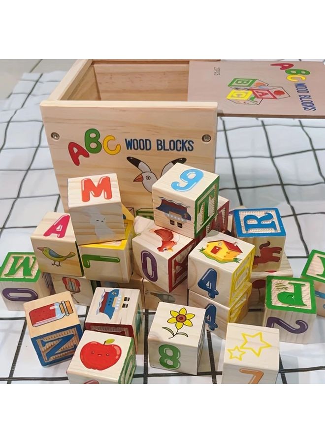 Wooden Blocks Set Early Learning Alphabet Numbers Fruits Animals Puzzle Toy - Image 5